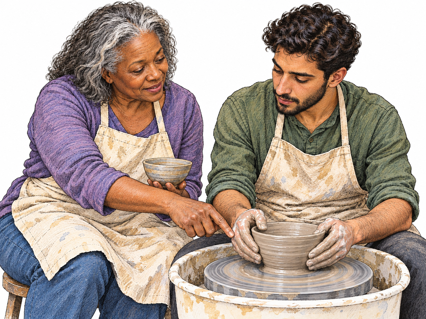 An experienced pottery mentor sits beside a novice at his wheel, pointing out how to steady the clay while he practices shaping a bowl.