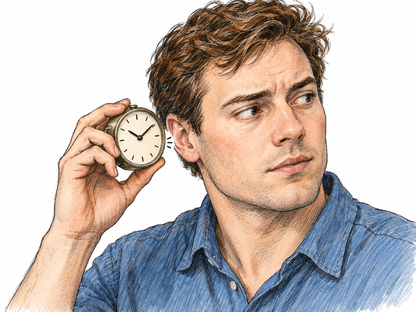 An attentive listener holds a small mechanical clock beside his ear, with restrained, separated sound strokes supporting the recognizable ticking source rather than replacing it.