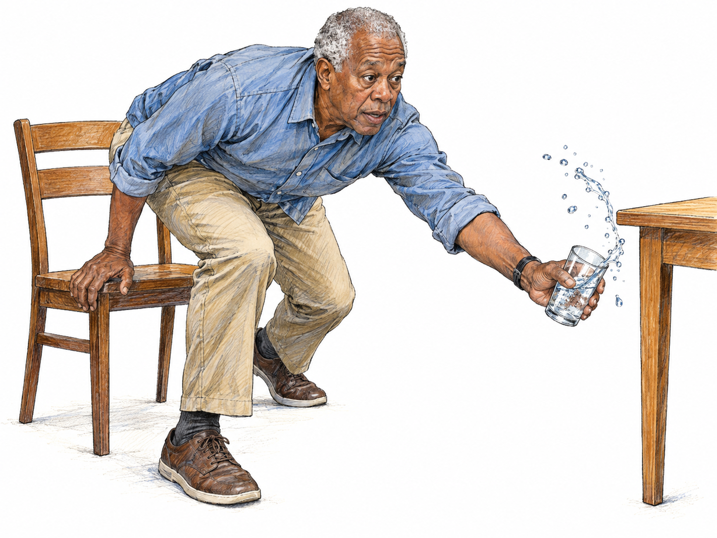 An older man reacts immediately to a falling drinking glass, lunging from his chair and catching it just below the table edge while spilled water is still airborne.