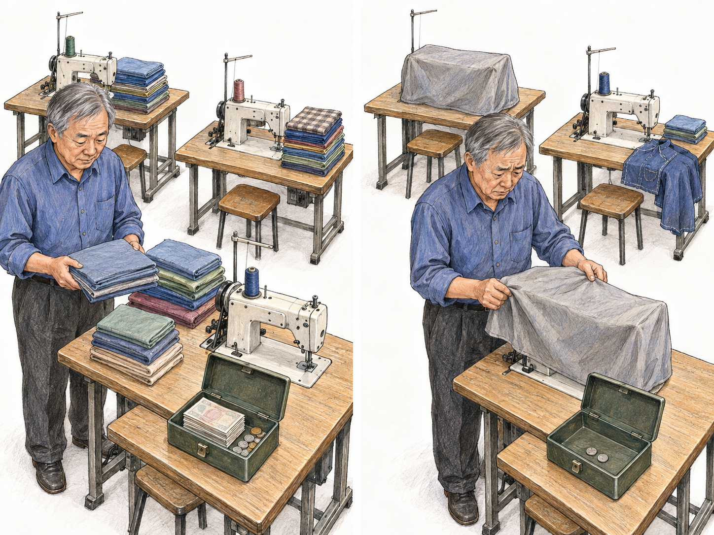 A small sewing-business owner retrenches during financial difficulty: a compact before-and-after comparison shows him withdrawing two of three sewing stations from use while keeping one modest station operating, with depleted cash and sharply reduced work reinforcing the reason for contraction.