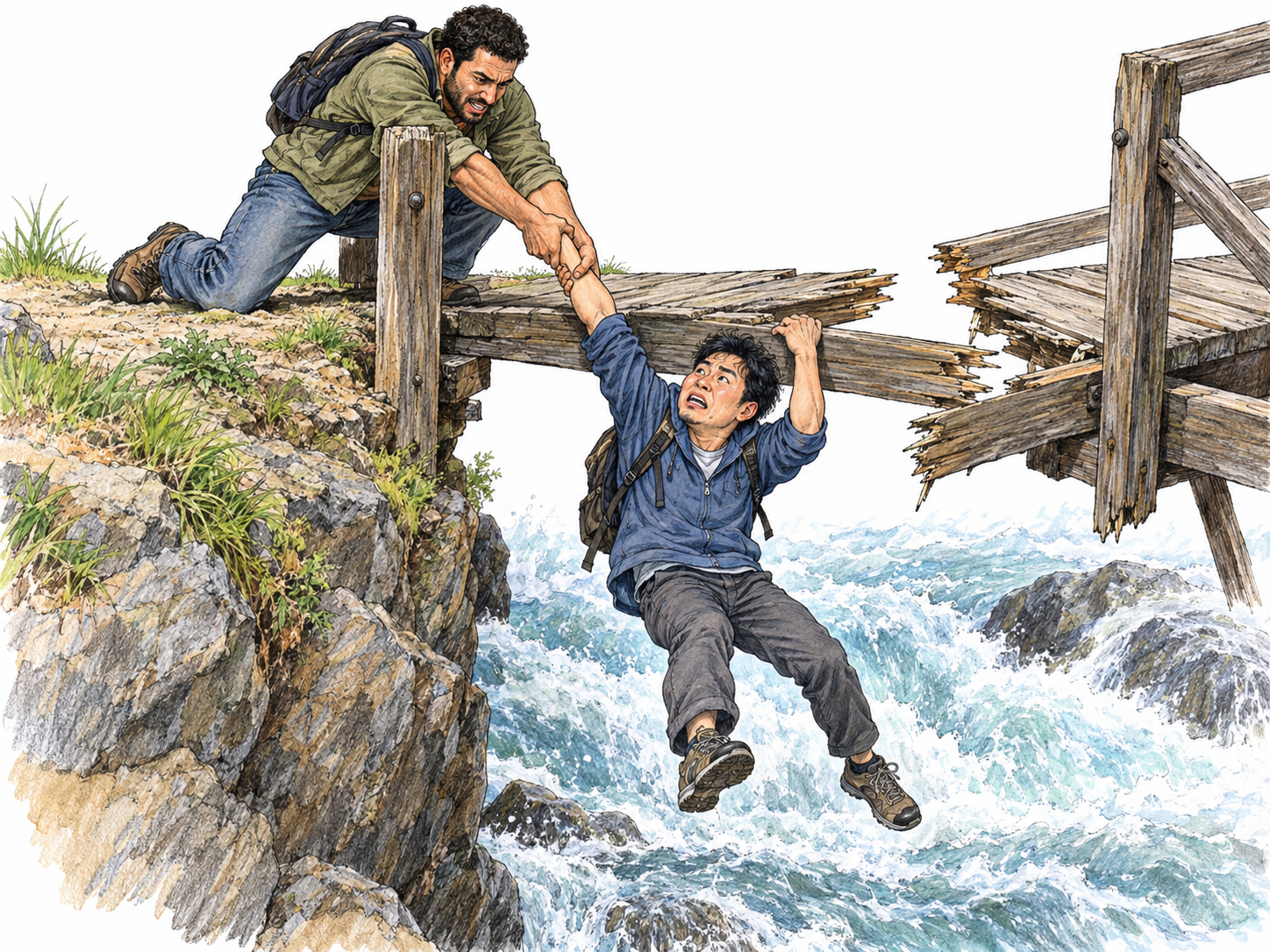 A footbridge has broken beneath a man, leaving him hanging above rushing water while another man kneels on the secure bank and urgently grips his forearm.