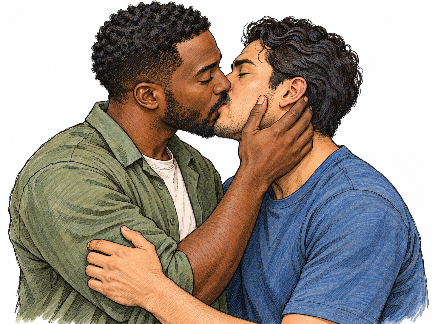 Two similarly aged adult men share a gentle kiss on the lips, with one resting his hand affectionately on the other's cheek.