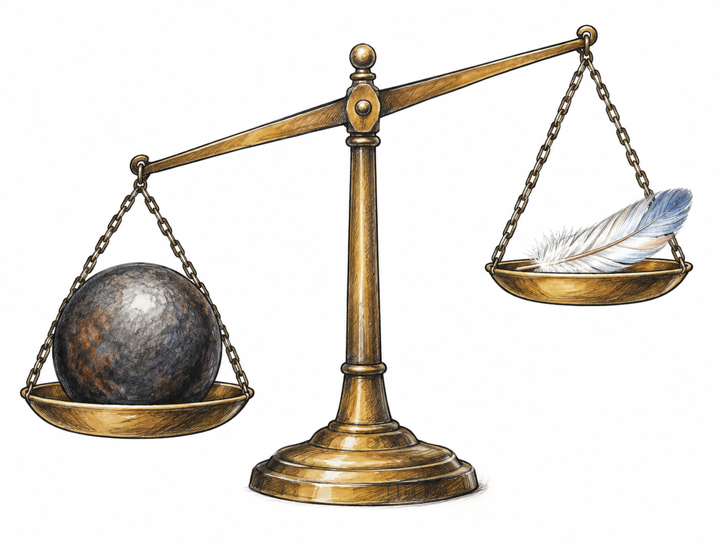 Balance scale compares large solid iron ball on left pan visibly LOWER than light feather in right pan HIGHER, rigid beam slopes upward left to right, physical heaviness emphasized.