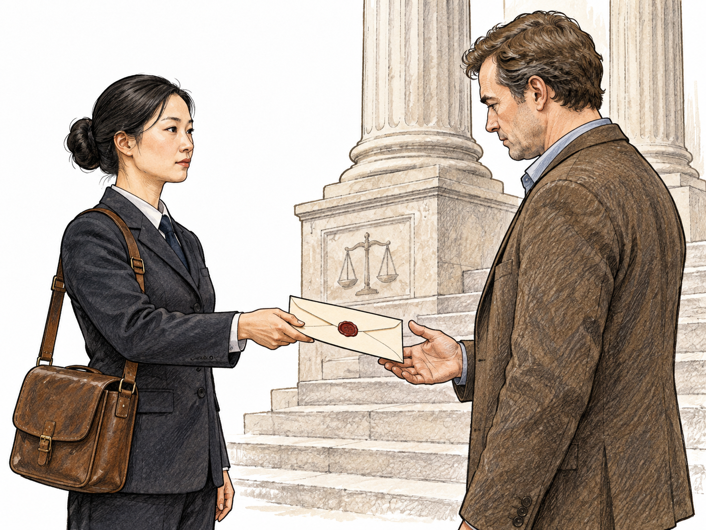 Official courier hands a sealed blank court document to recipient beside courthouse columns, direct call to attend implied by official setting, no words.