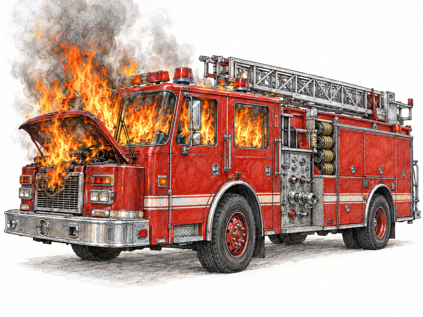 A fire engine itself is on fire: the vehicle expected to extinguish flames is visibly burning.