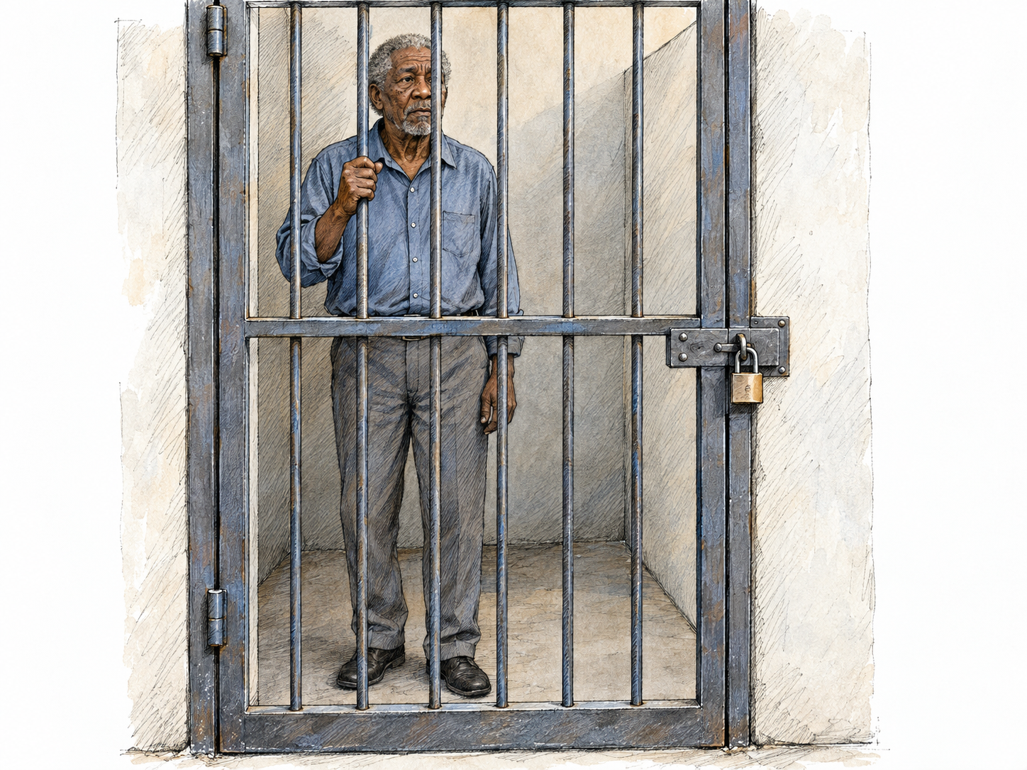 An older Black man stands inside a small locked enclosure, looking through its barred door.