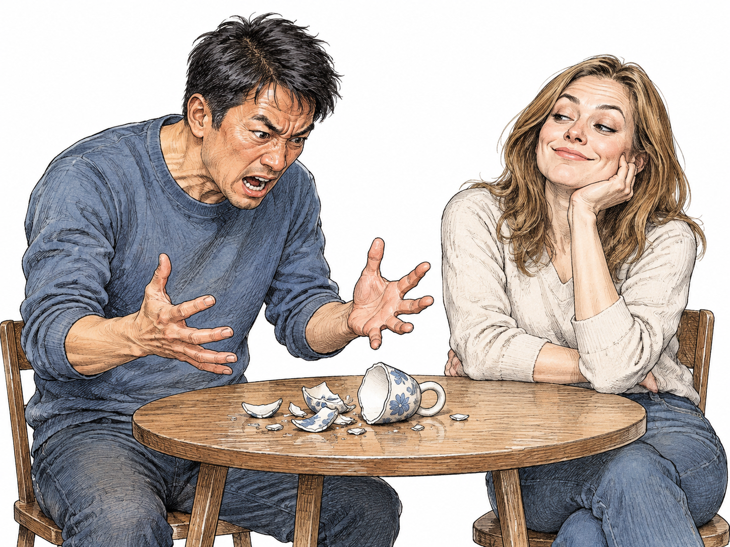 One adult angrily gestures at a broken ceramic cup while a second adult mocks the upset person with an unmistakably dismissive smirk, making the first person more angry; two people and cup fragments on a tiny table only, no physical violence or speech bubbles.