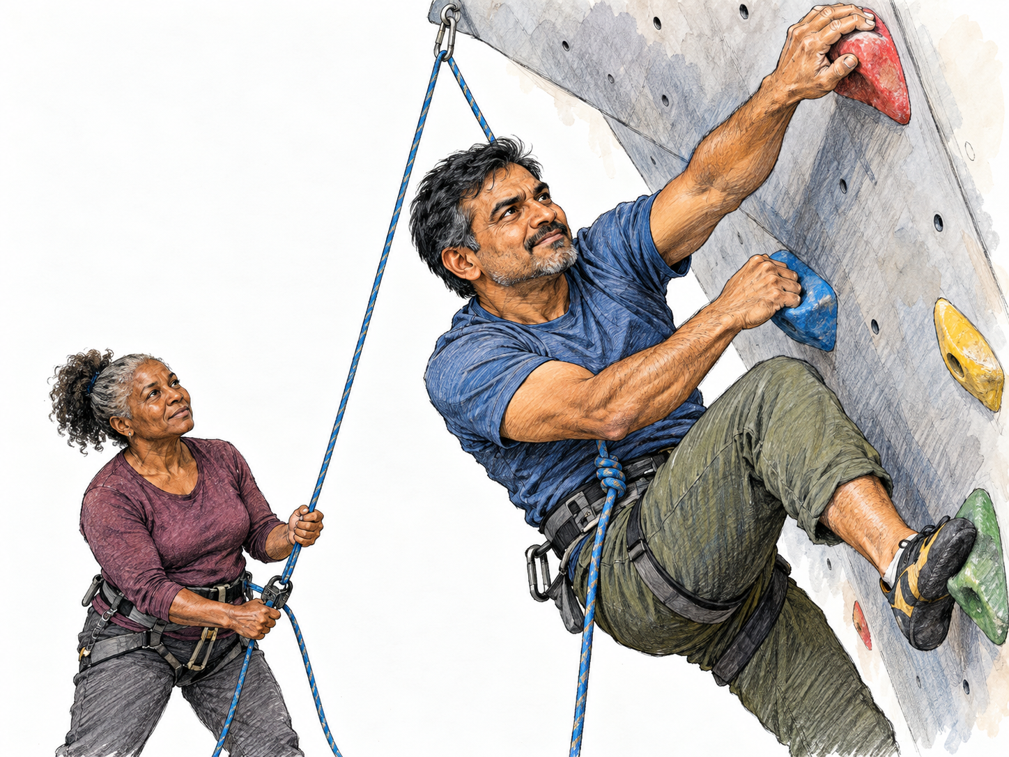 A middle-aged man tackles a steep climbing-wall overhang with a determined half-smile, reaching boldly for the next hold while an older woman belays him below.