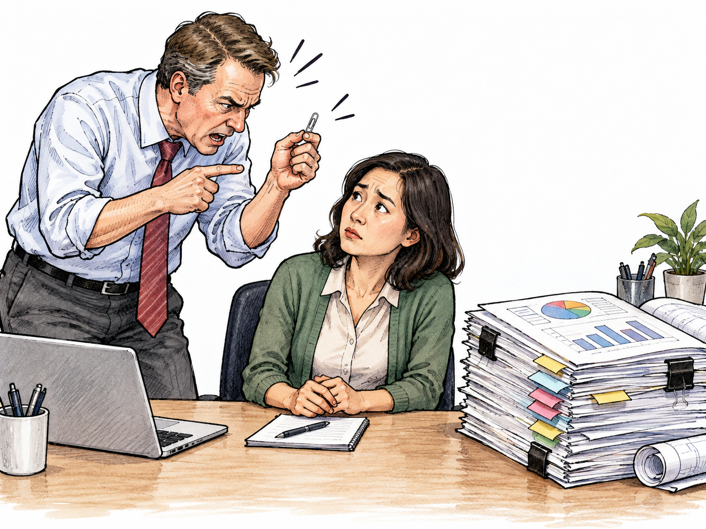 A white adult office worker angrily fusses over a colleague using one inexpensive paper clip, while a substantial shared project waits unattended.