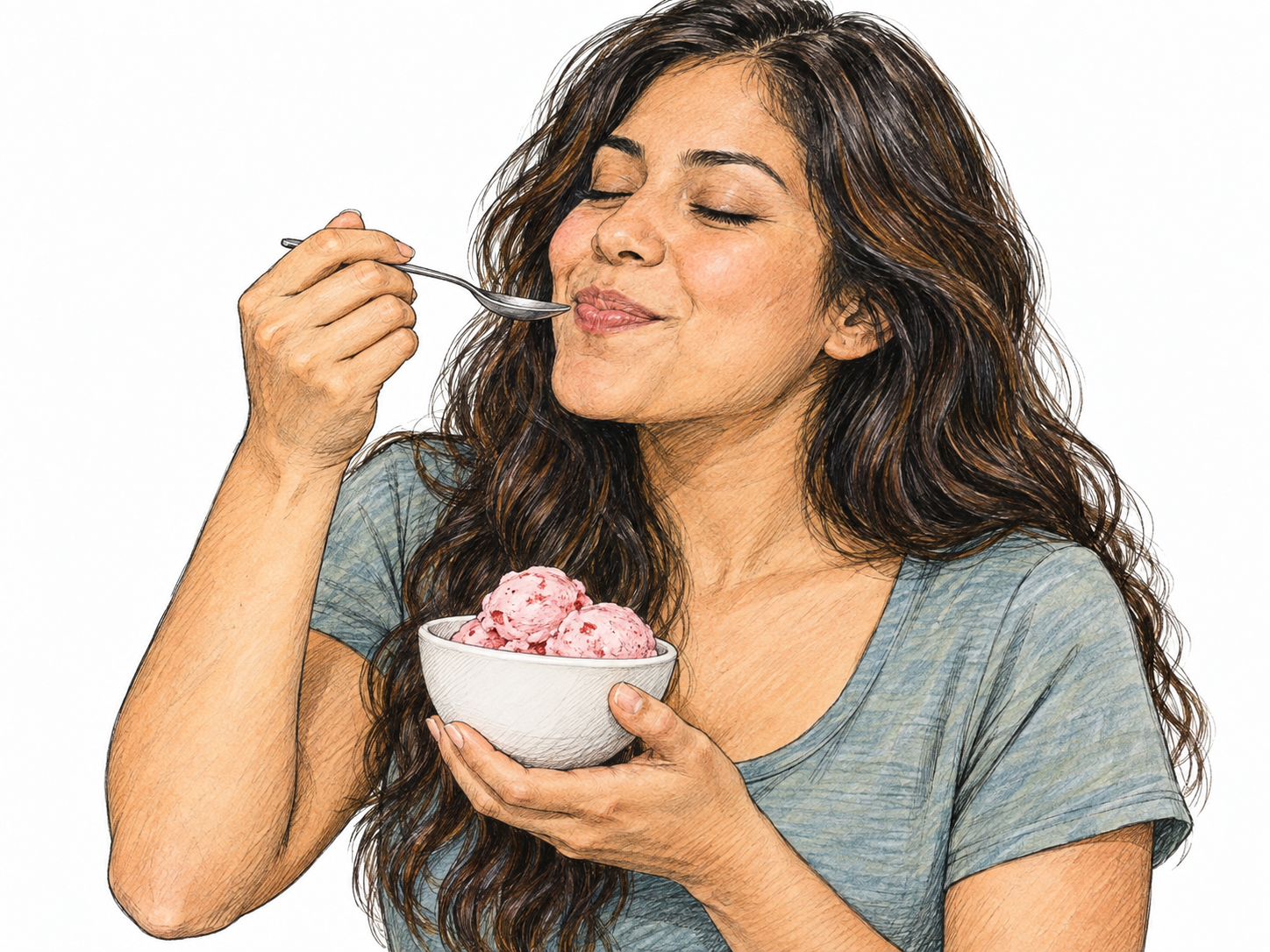 A young woman visibly savors a spoonful of ice cream, smiling with relaxed, gently closed eyes while holding the bowl close.