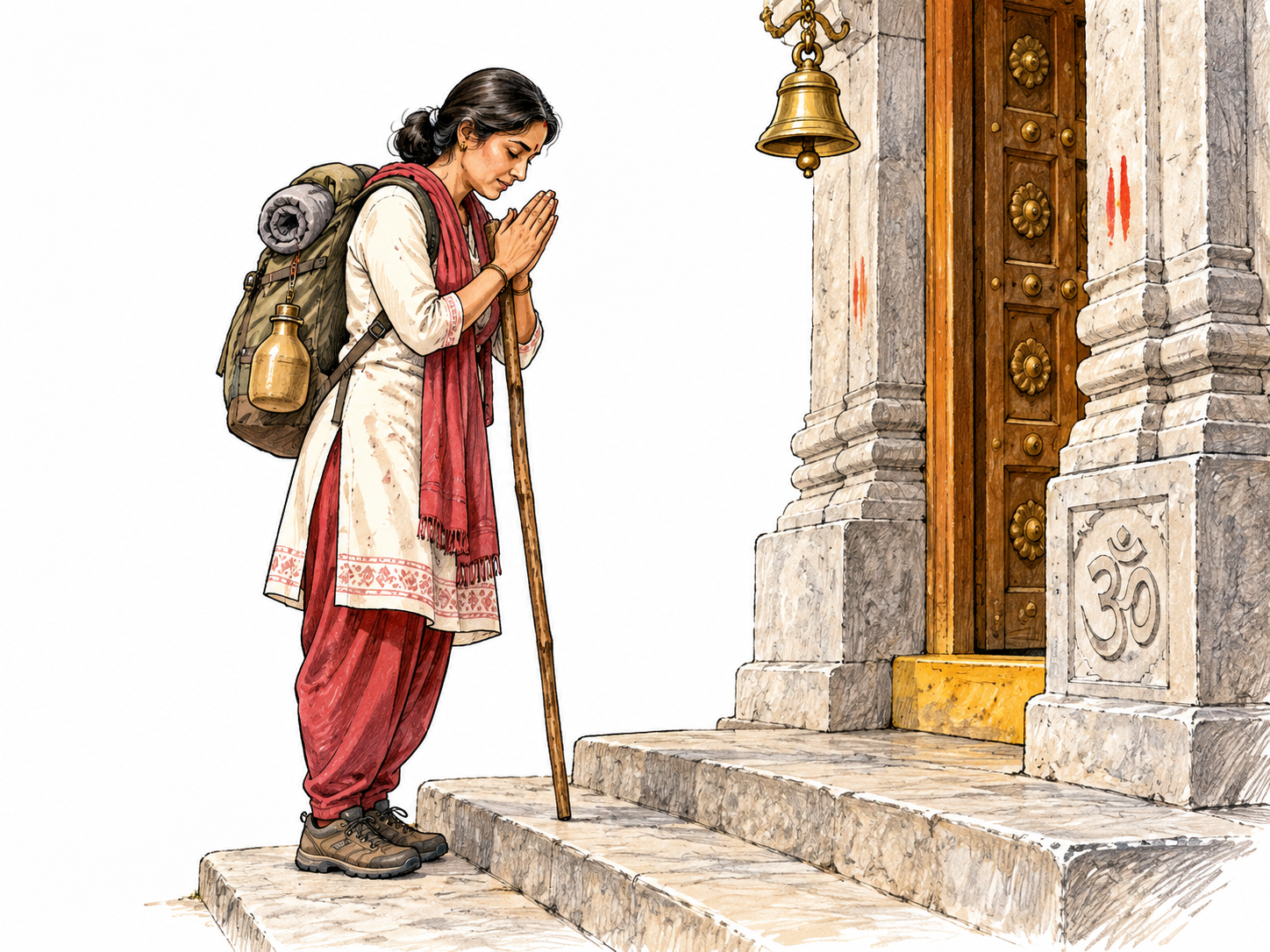 A modern adult pilgrim with travel bundle and walking staff pauses reverently at a temple threshold after a journey; sacred destination conveyed by a small bell and devotional gesture.