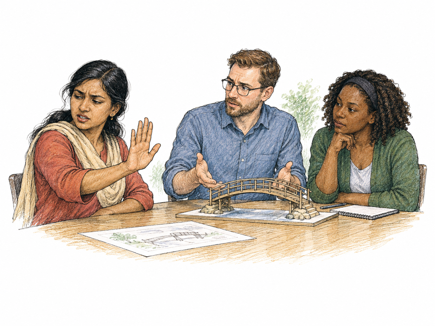 At a small planning meeting a participant raises an open stopping hand and gives a headshake in disagreement with a proposal shown as a simple model footbridge, two other people listen.
