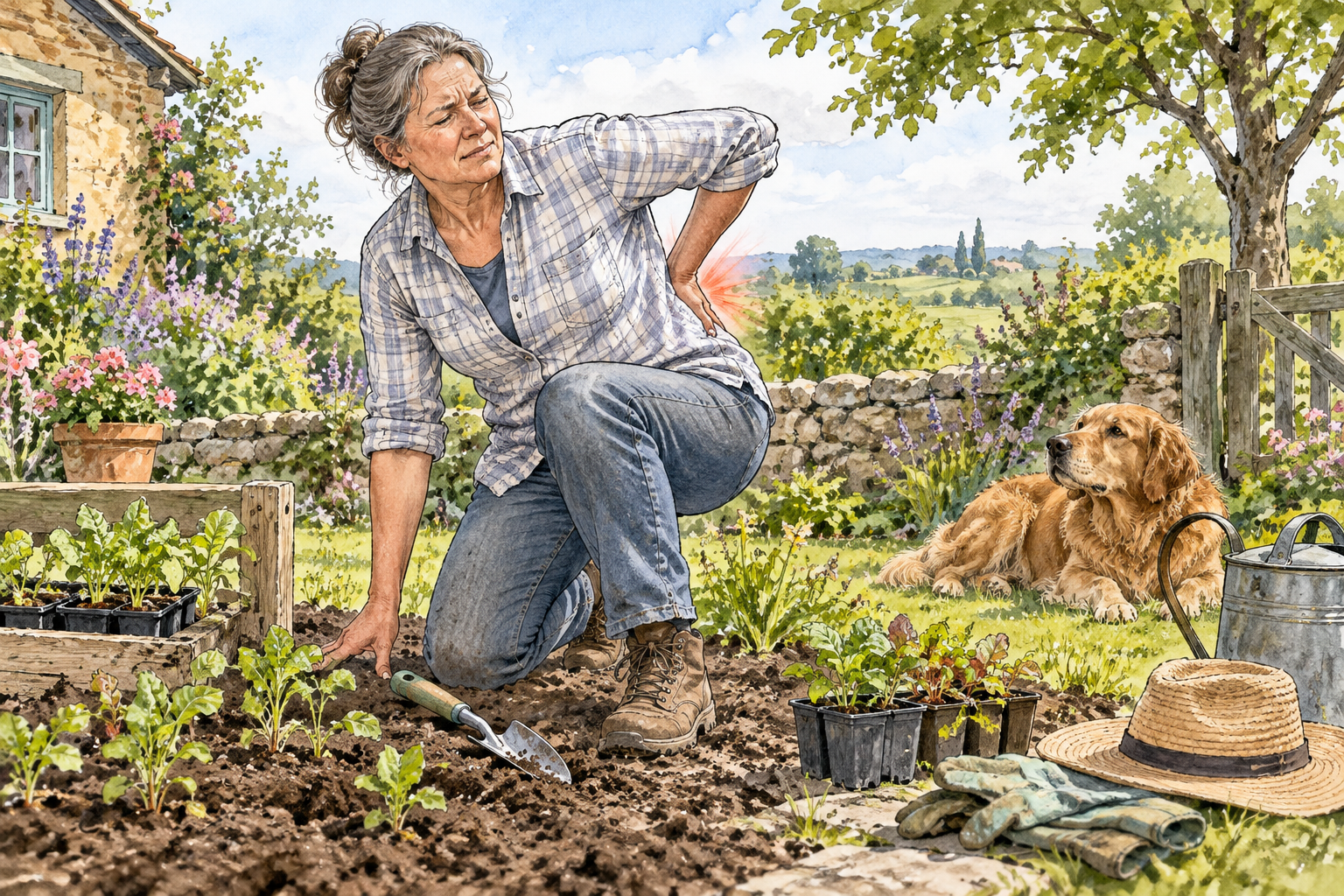 A middle-aged gardener suddenly pauses while rising from a crouch, one hand at lower back and brief wince, a tiny restrained warm red accent near the painful spot conveys a short twinge.