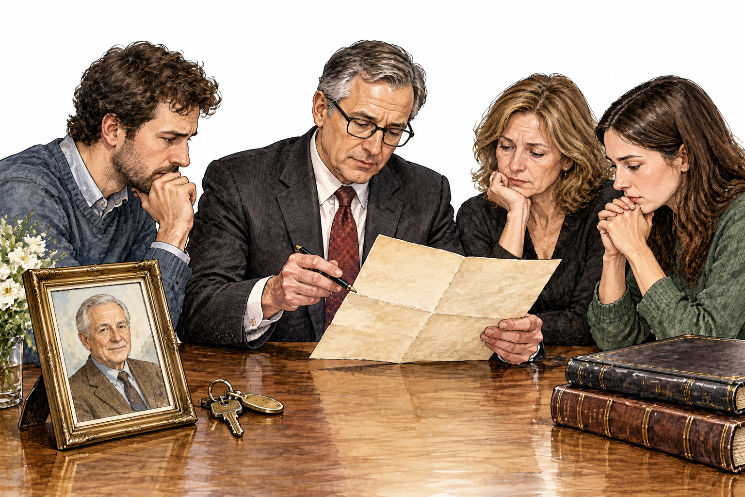 A probate lawyer and adult heirs examine an unlettered will beside a deceased relative's framed portrait and keys, solemn legal administration.