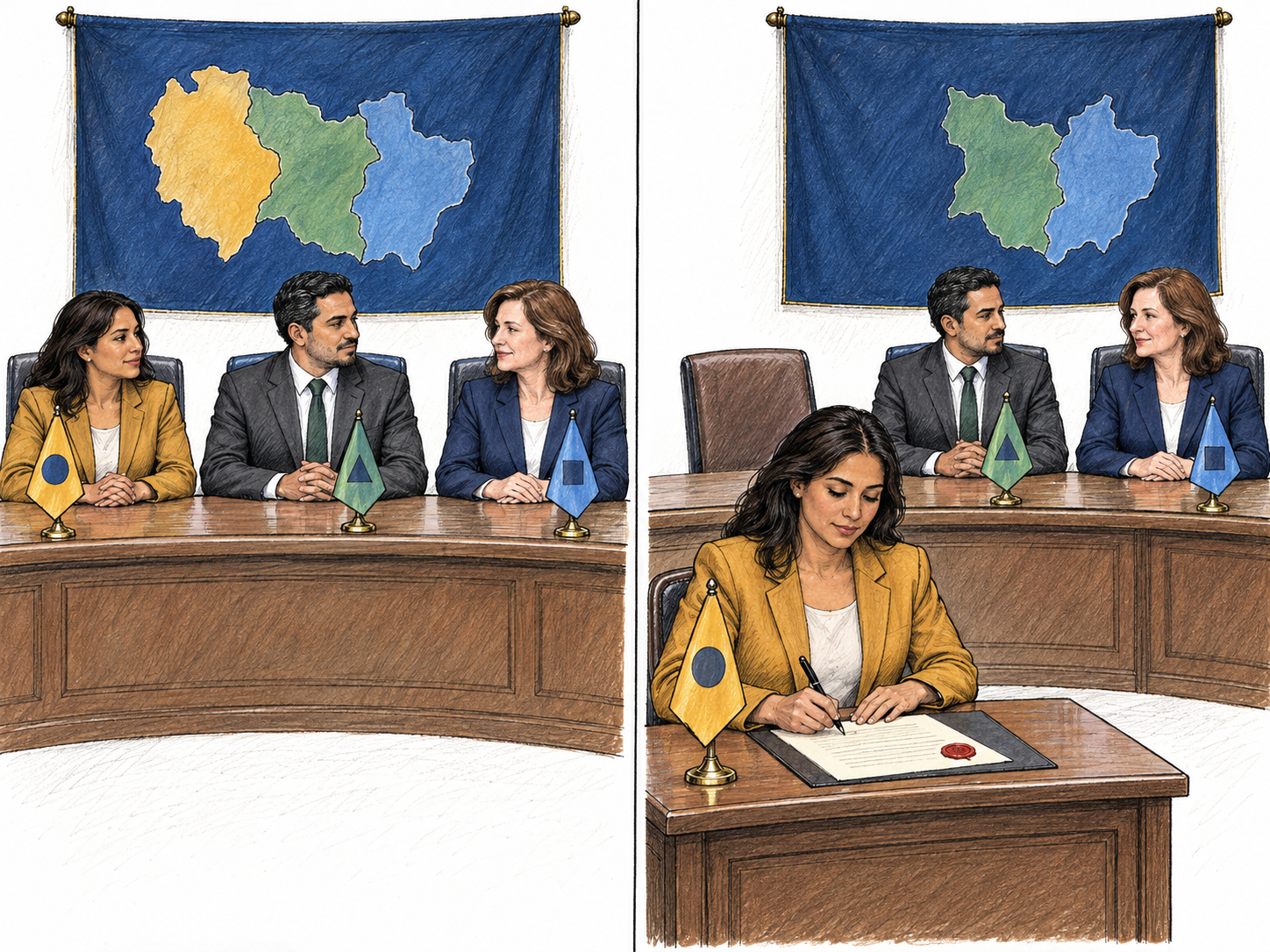 A compact before-and-after view of a member state's formal withdrawal from an illustrative political federation: its representative moves from the joint council to a separate official desk, signing a sealed instrument under her state's flag while the remaining members continue together.