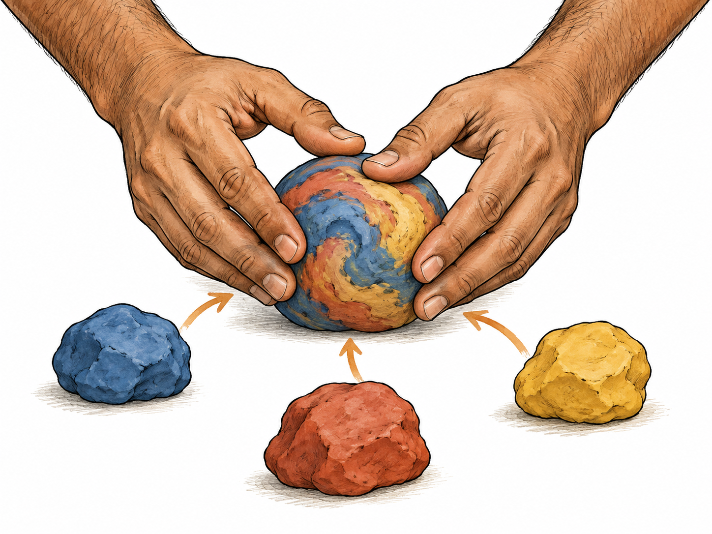 Three separate colored clay lumps merging into one larger marbled ball beneath two adult hands, combining into whole.