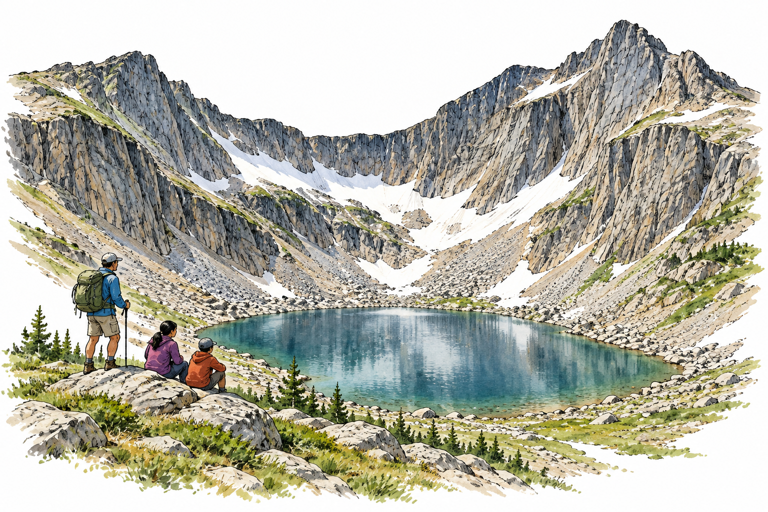 A vast bowl-shaped mountain cirque with steep curved rock headwalls and a small alpine lake, glacially carved geological form.