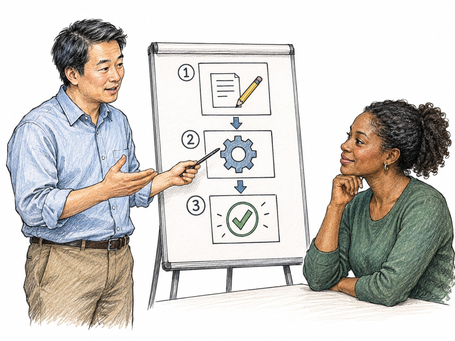 A calm adult explains a simple three-step pictorial process in an orderly sequence while a listener follows easily; clear understandable explanation, no prose.