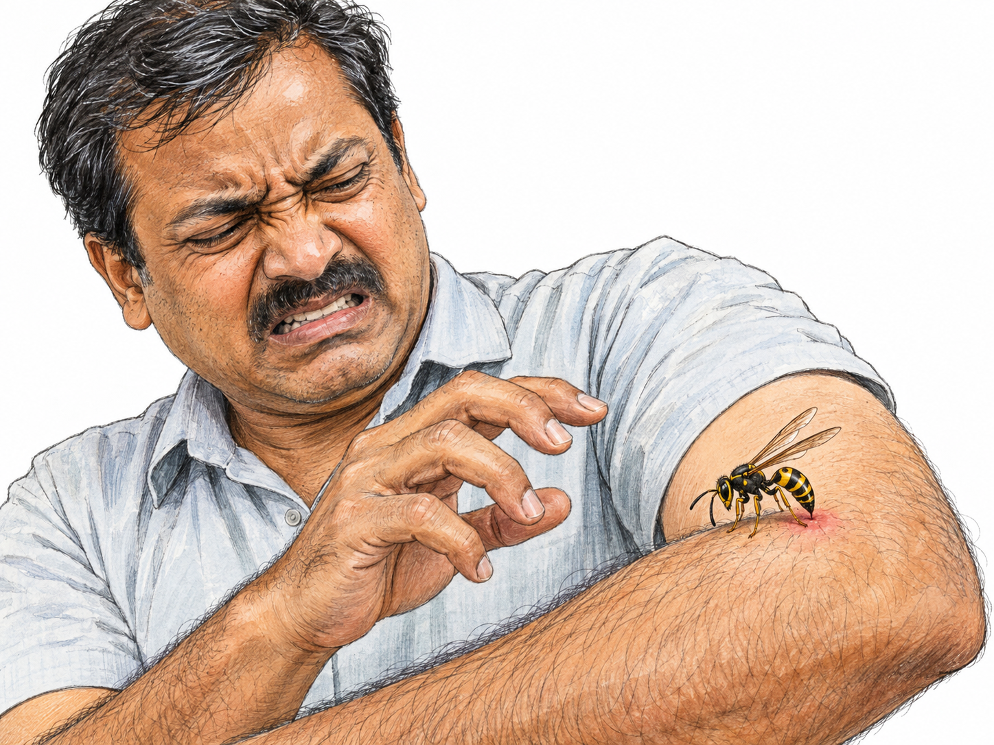 A wasp stings a man's exposed forearm; the precise contact point is reddened, and he recoils with a sharp wince while his free hand hovers beside the painful spot.