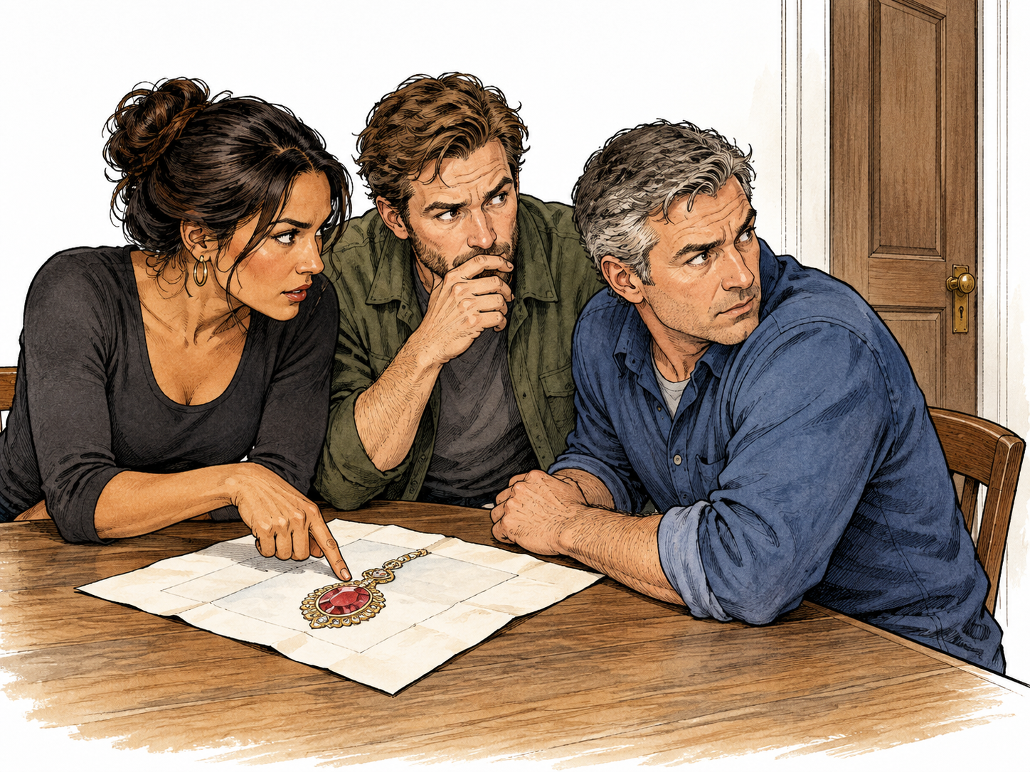 An adult Latina woman and two white men huddle privately over a picture-only plan to steal a jewel, sharing a secret agreement and glancing toward a closed door.