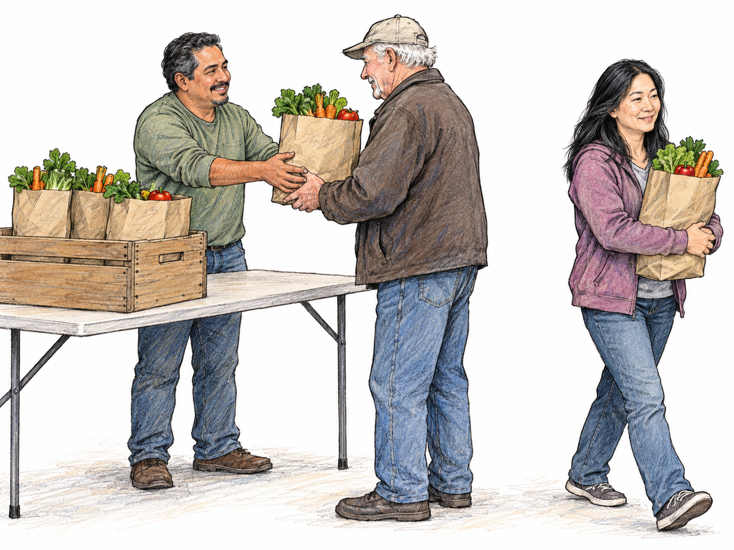 A volunteer deals out identical food parcels from a full crate to a short line of recipients.