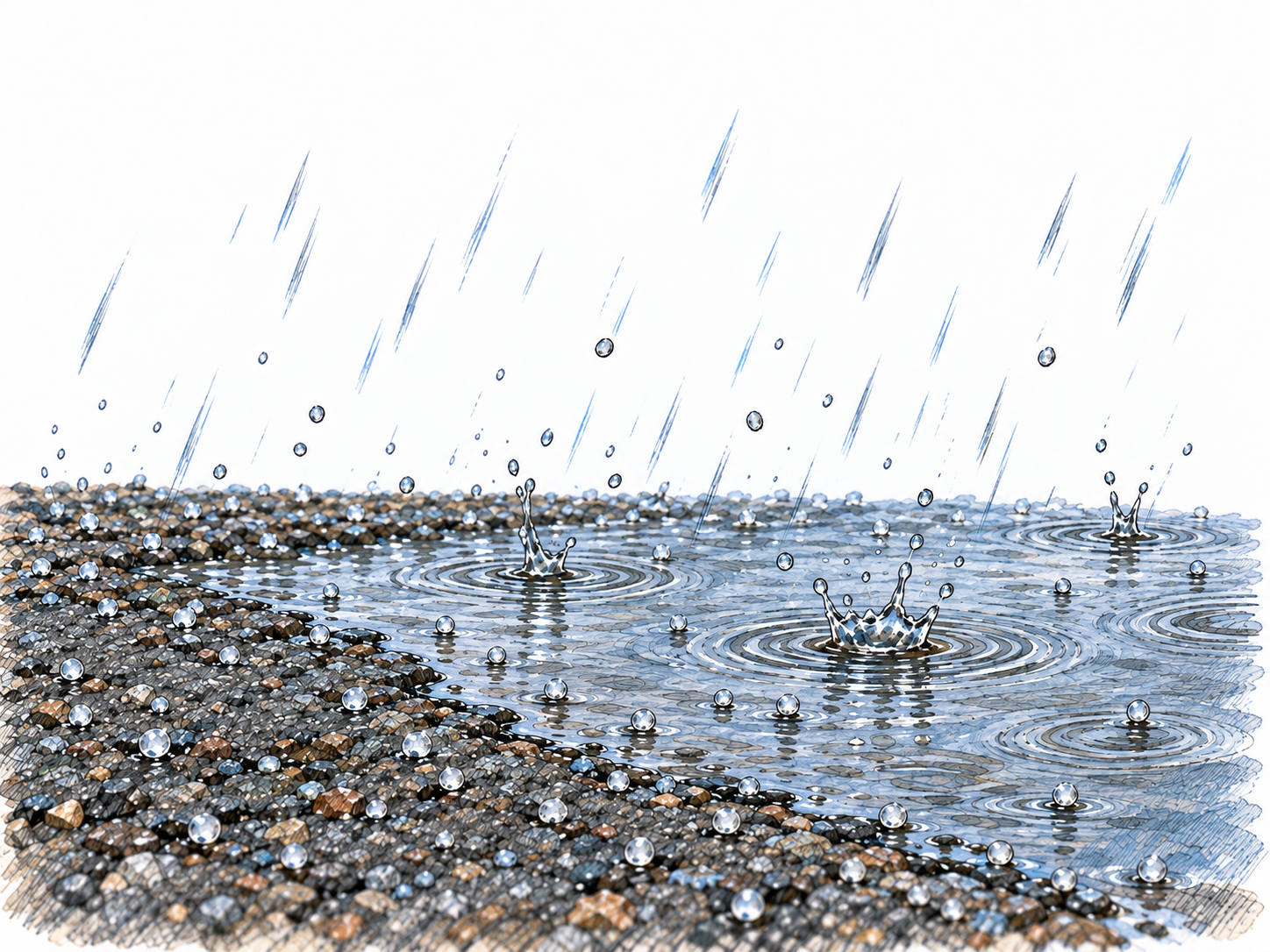 A close, low view of tiny translucent ice pellets falling onto a wet pavement edge, with pellets bouncing beside small rain splashes and a thin granular accumulation.