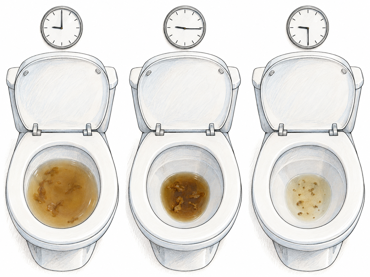 A compact three-moment sequence shows the same toilet repeatedly containing loose, watery stool within a short span, making both consistency and recurrence visible.