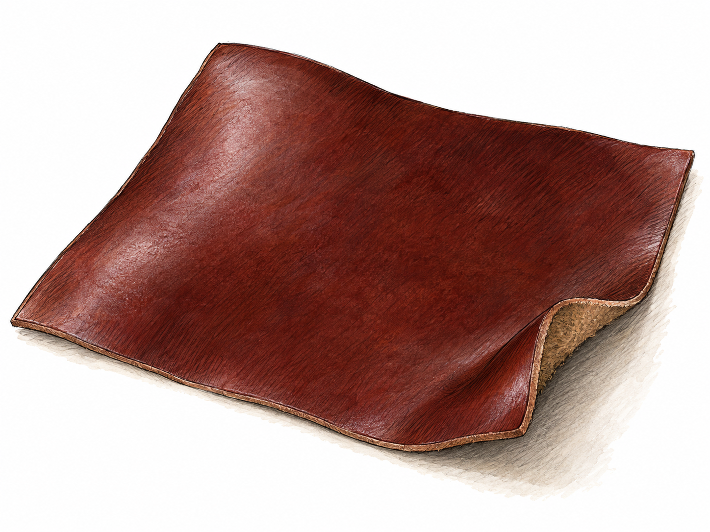 A large rich reddish-brown leather swatch with one corner curled to expose its thickness and underside.