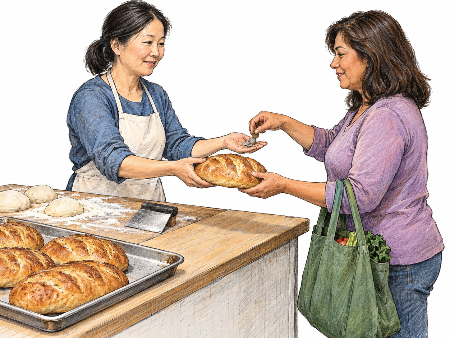A small bakery exchange connects production, distribution, and spending: a baker hands a freshly made loaf to a customer who pays with coins, beside visible dough and finished bread.