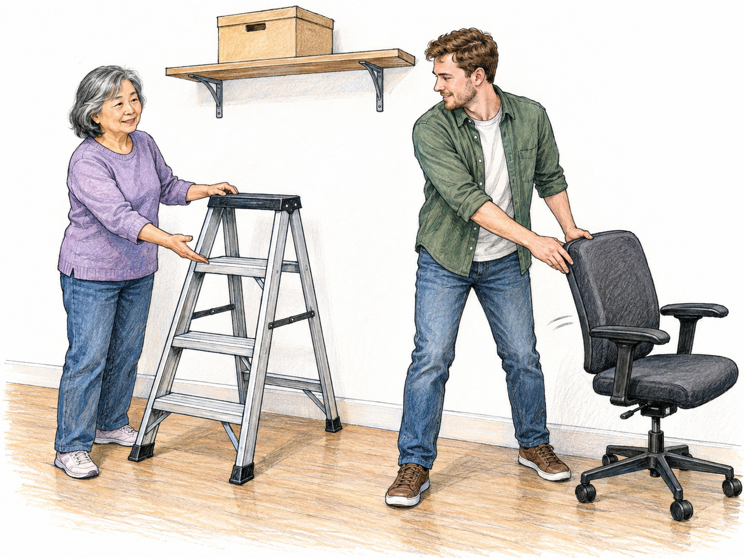 An older woman makes a sensible practical choice for reaching a high shelf: she sets up a sturdy stepladder and redirects a young man away from using a wheeled office chair.
