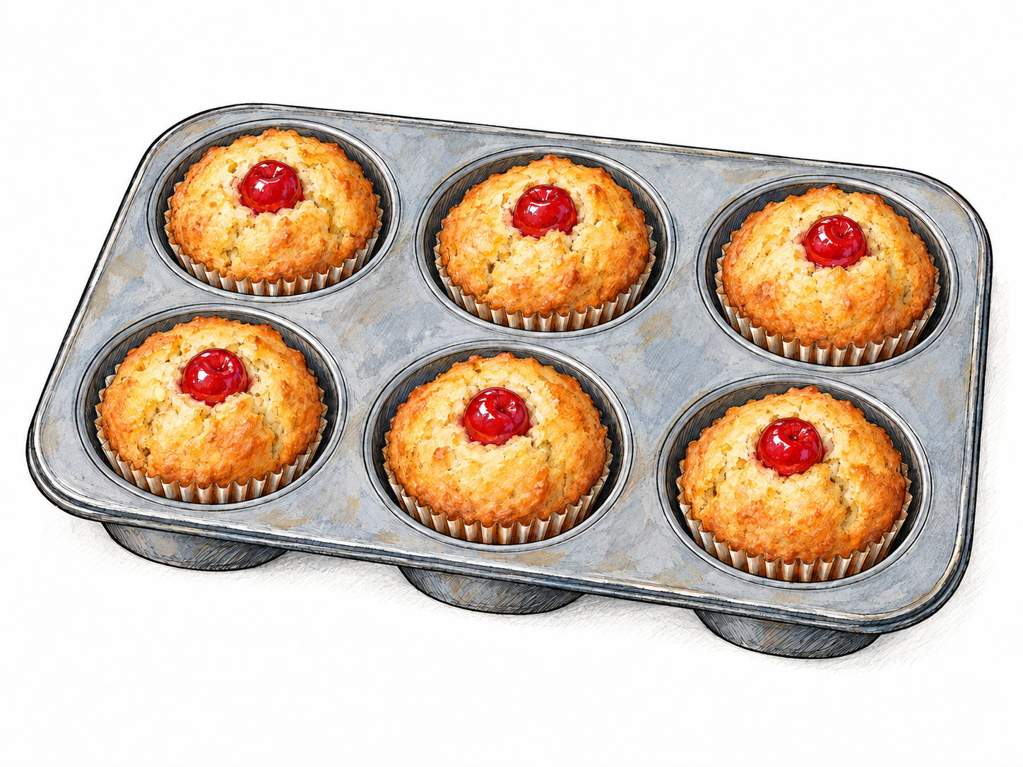 A complete six-cup muffin pan with a muffin in each cup and a bright red cherry on every muffin; none is missing a cherry.