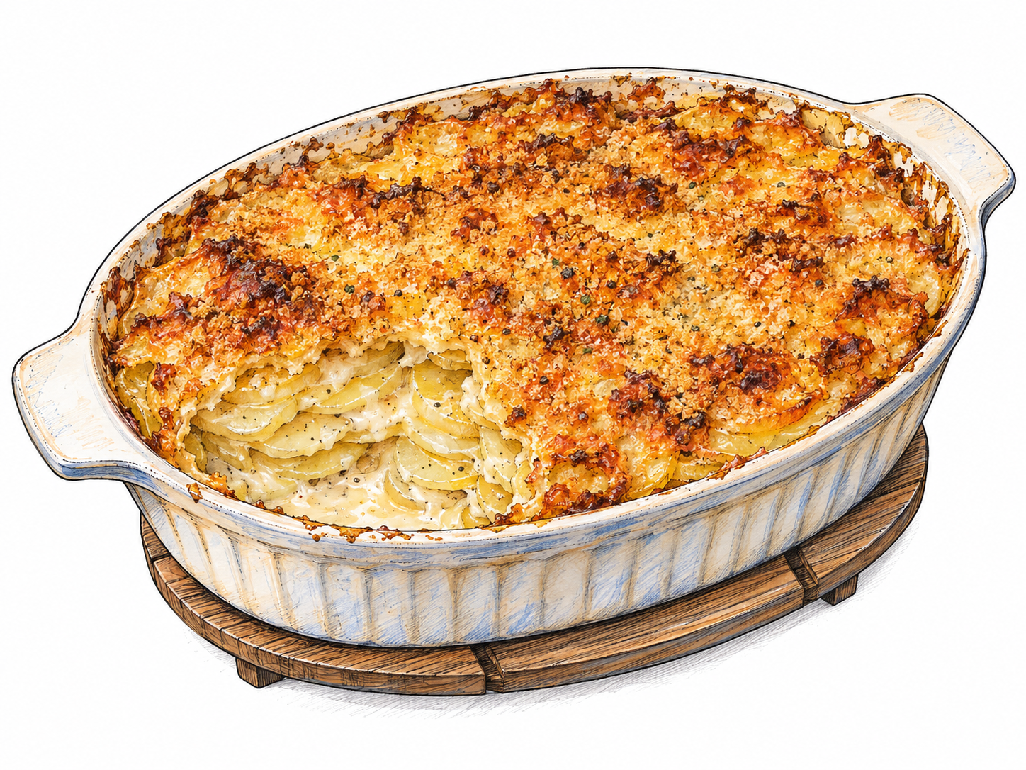 A shallow ceramic baking dish of potato gratin, with a crisp golden-brown cheese-and-crumb crust.