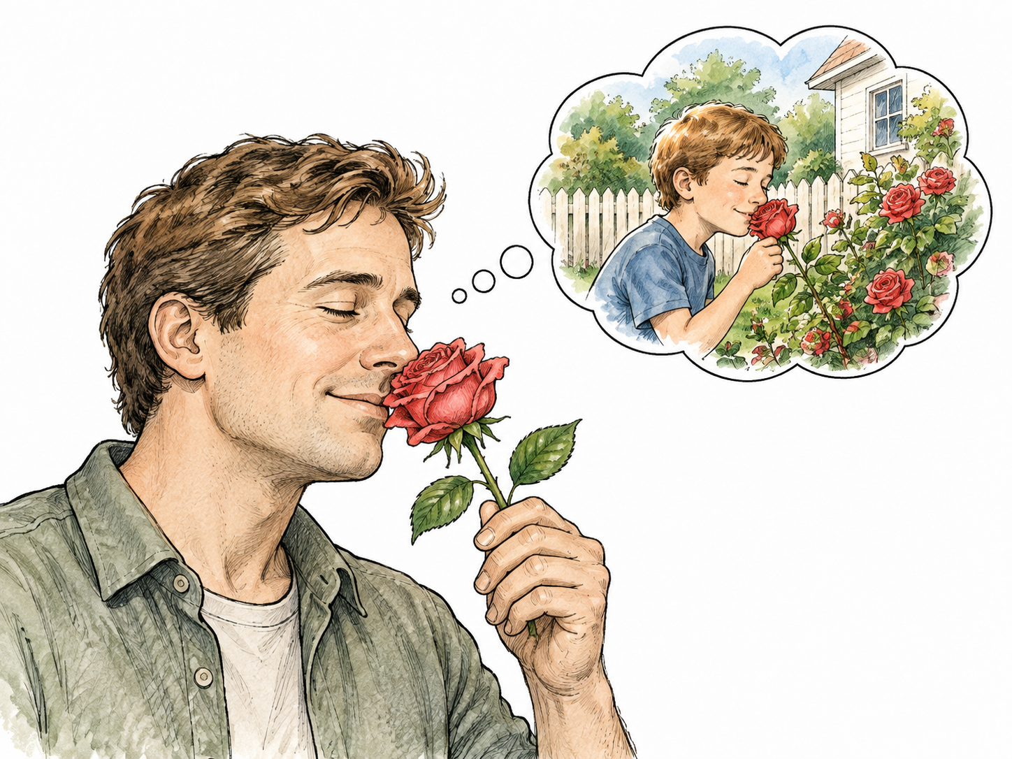 Adult smells a rose and remembers a similar rose in a small uncaptioned thought vignette of family garden, clear mental connection.