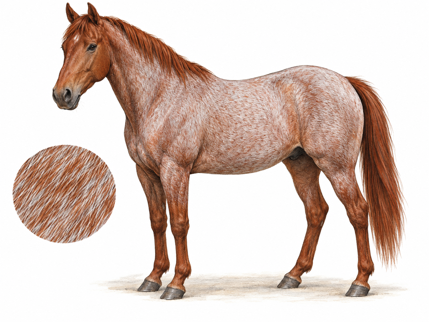 A red-roan horse in three-quarter side view, with white and chestnut hairs visibly intermingled across its body and a darker chestnut head, mane, tail, and lower legs.