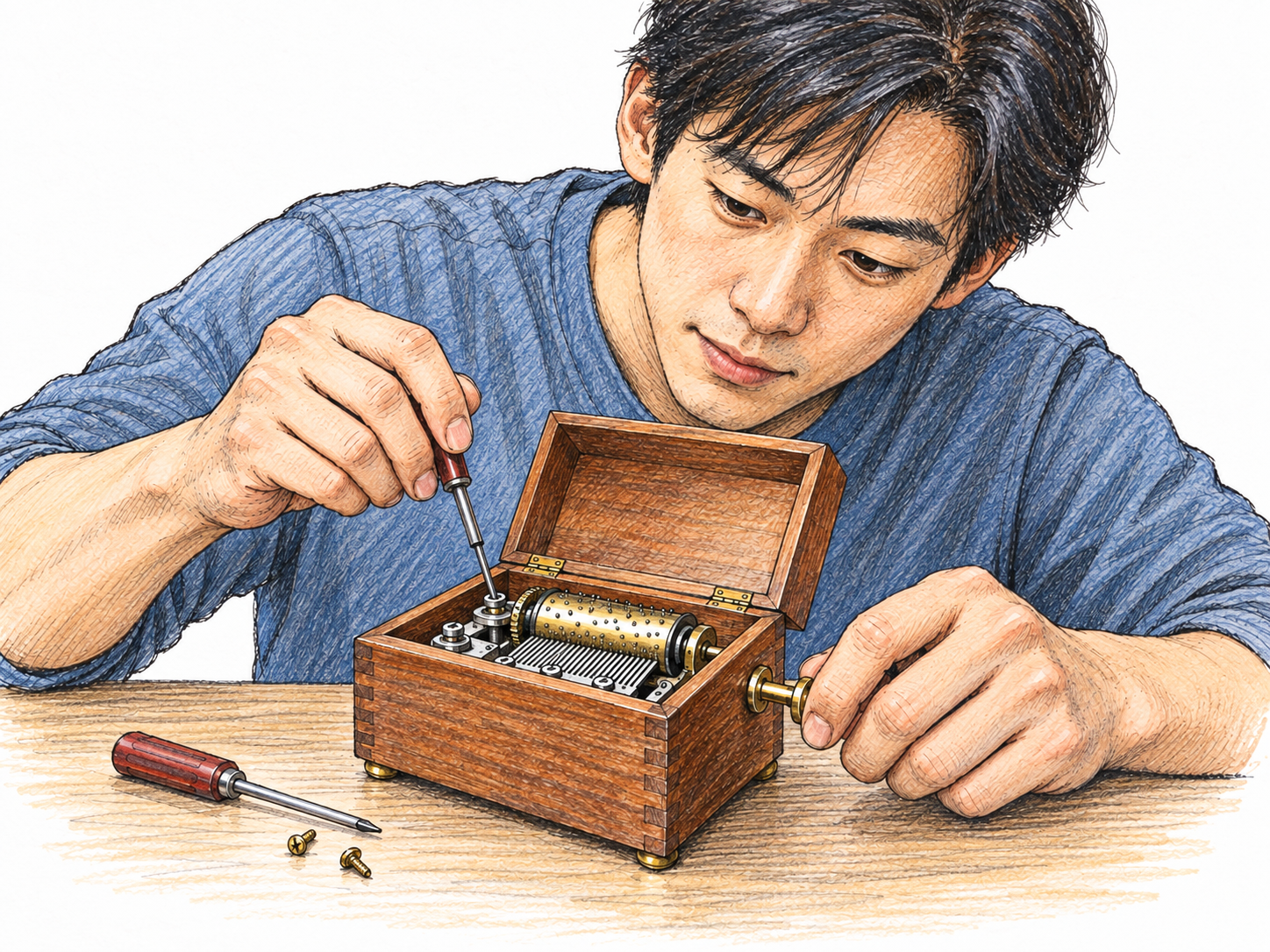 A young man makes a tiny adjustment to an exposed music-box mechanism, using a small screwdriver while testing its winding key with his other hand.