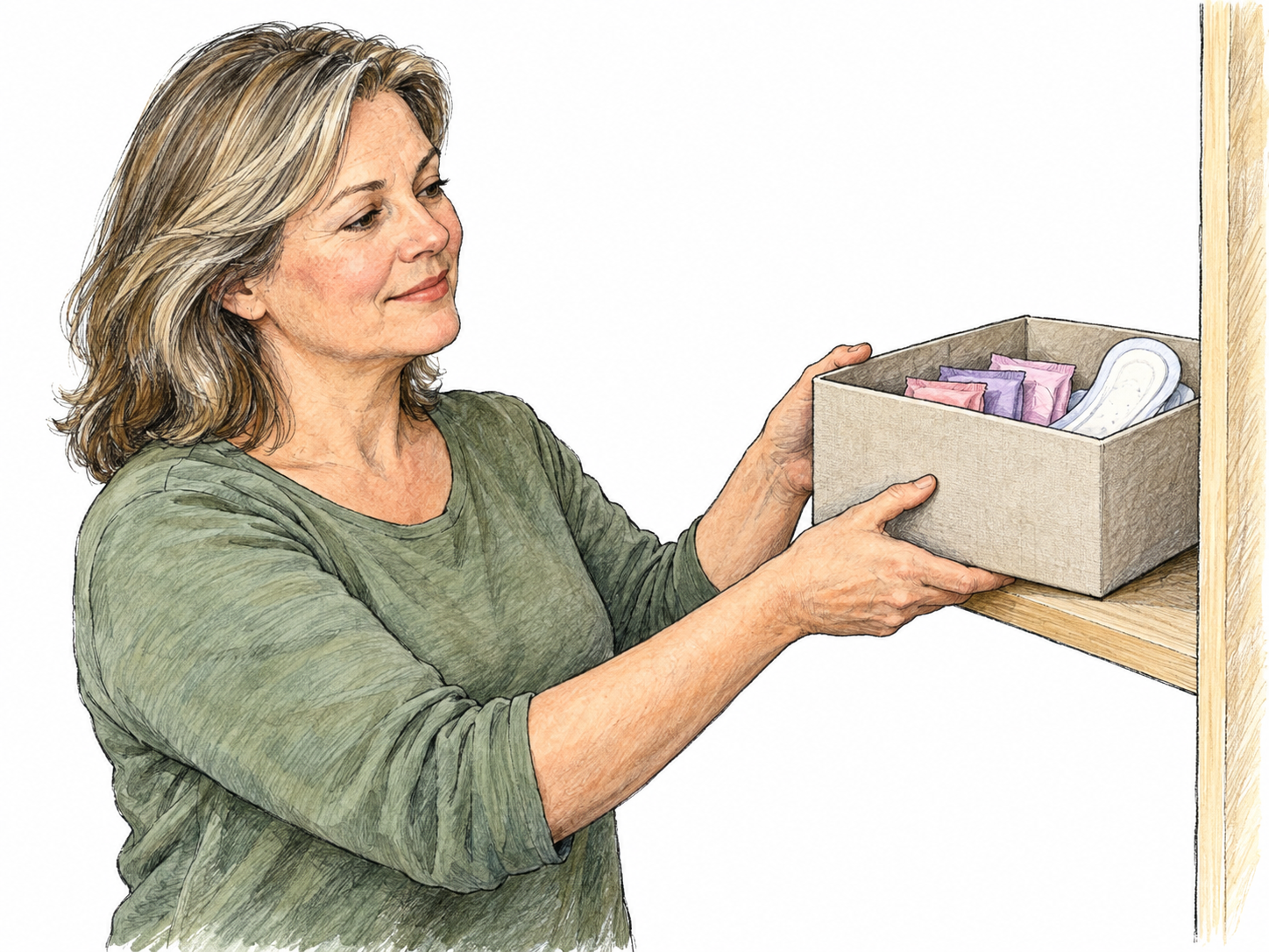 A middle-aged woman calmly stores her remaining menstrual supplies in a plain box on a high closet shelf, a quiet everyday-life illustration of no longer needing them after natural menopause.