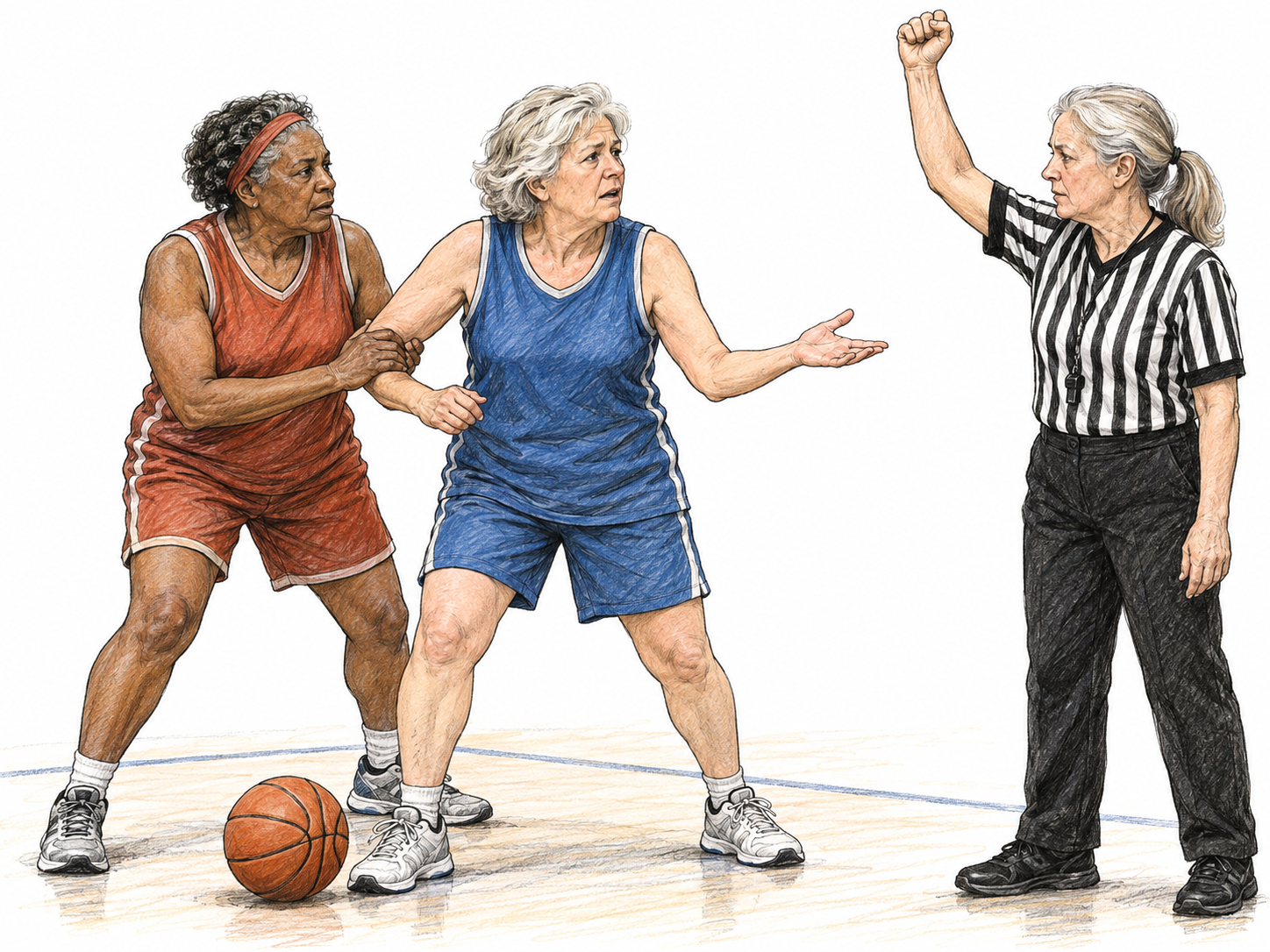 During a recreational basketball game, a player whose shooting arm is being held turns directly to the referee and appeals for intervention, visibly calling on an authority for support.