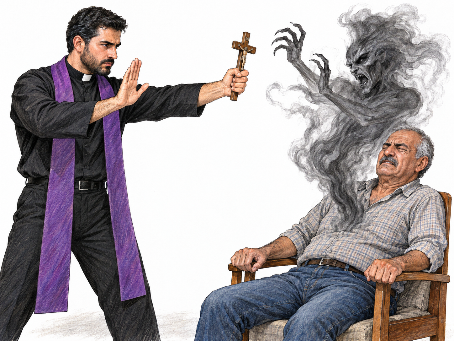 A priest holds a crucifix toward a dark, menacing spirit emerging from a seated man's upper body; the spirit recoils while the priest firmly gestures it away.
