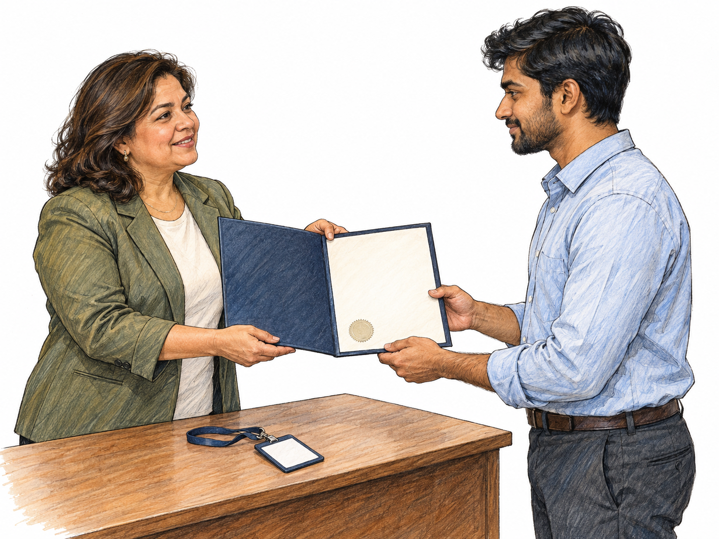 A manager formally appoints a new staff member by presenting him with an official appointment folder and an unlettered staff badge across a simple desk.