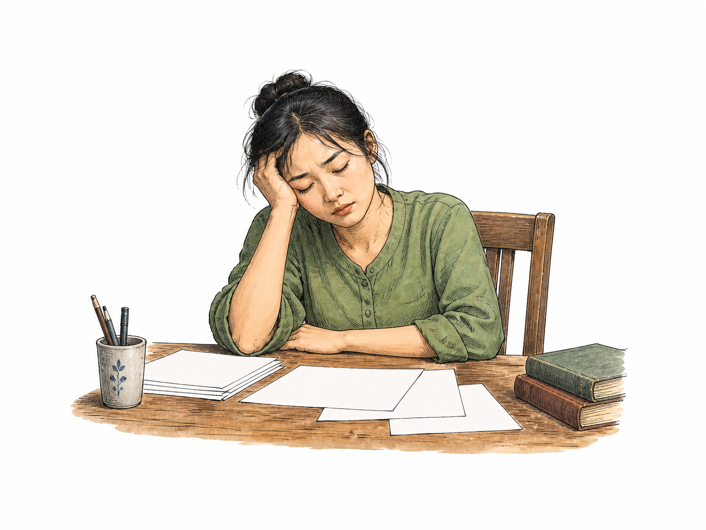 Exhausted worker slumps at desk after prolonged effort, eyes closed and head supported by hand, blank papers.