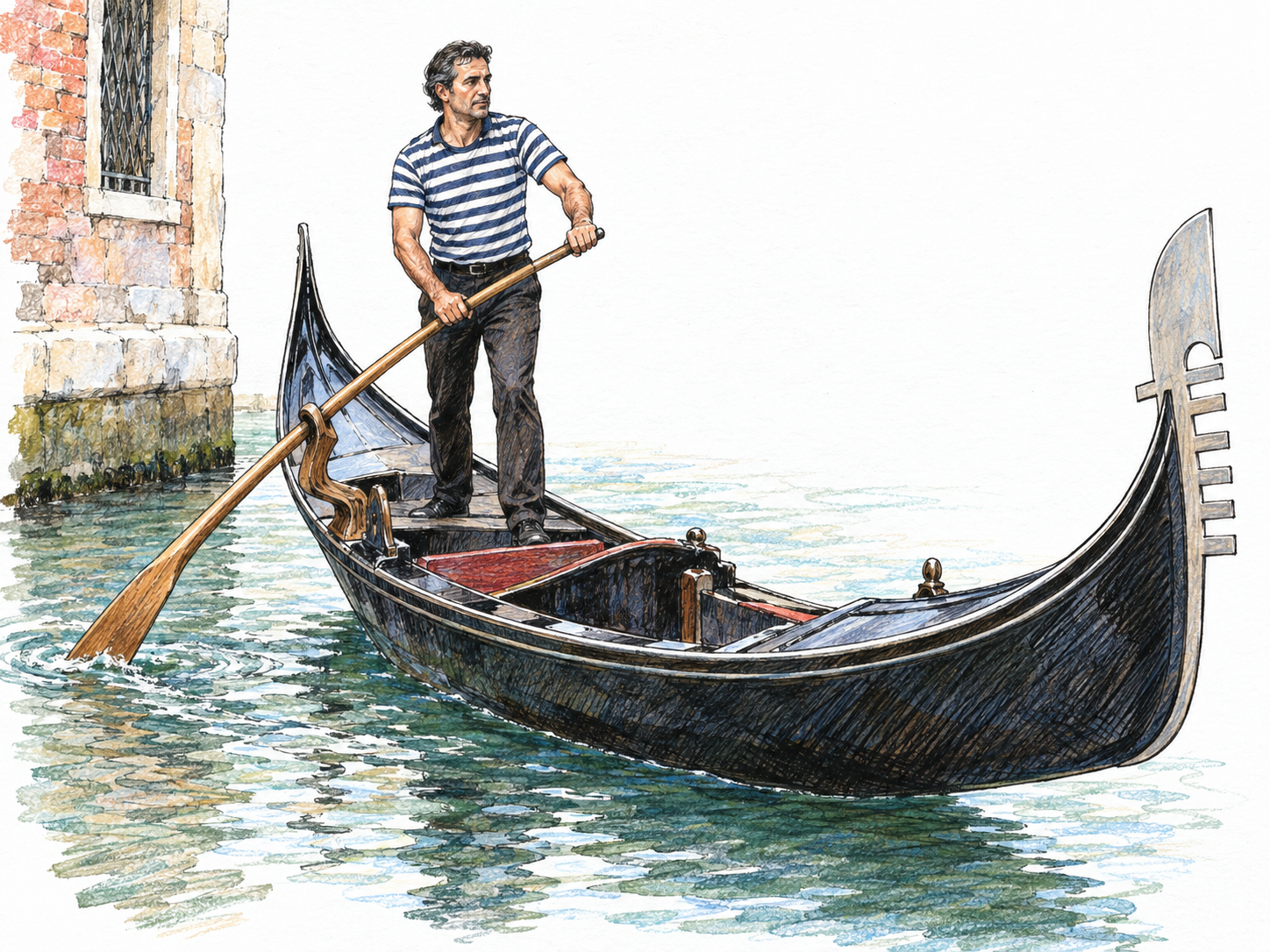 A Venetian gondolier standing at the stern of a long, narrow black gondola, propelling it with a single long oar seated in its distinctive open wooden oarlock.
