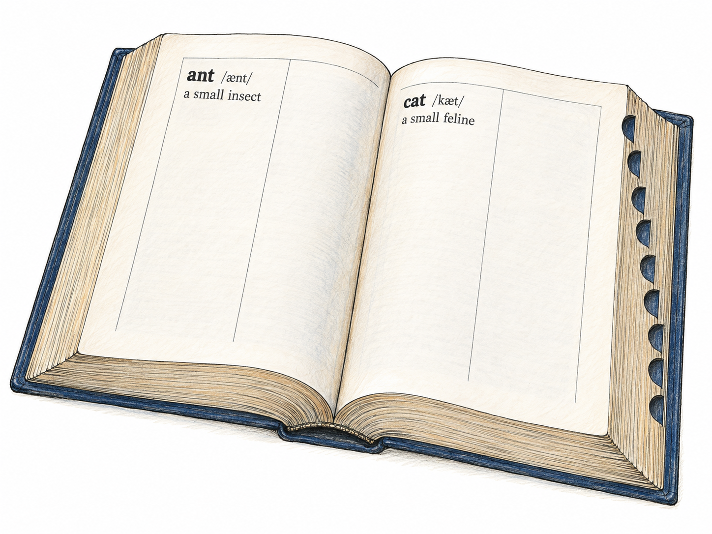 An open, substantial reference book with alphabetical thumb tabs and two short alphabetical entries showing headwords, pronunciations, and meanings.
