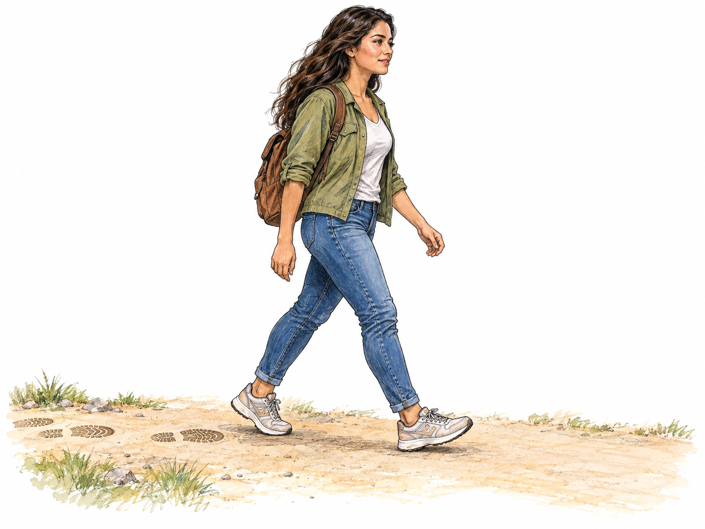 A woman moves forward along a simple path, with a short trail of footprints behind her and a clearly extended forward step into the open stretch ahead.