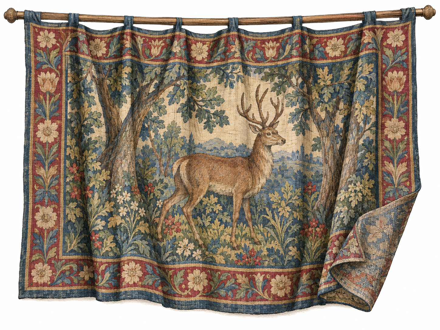 A heavy hanging tapestry with a woven woodland picture, a patterned border, and a turned lower corner revealing its thick textile construction.