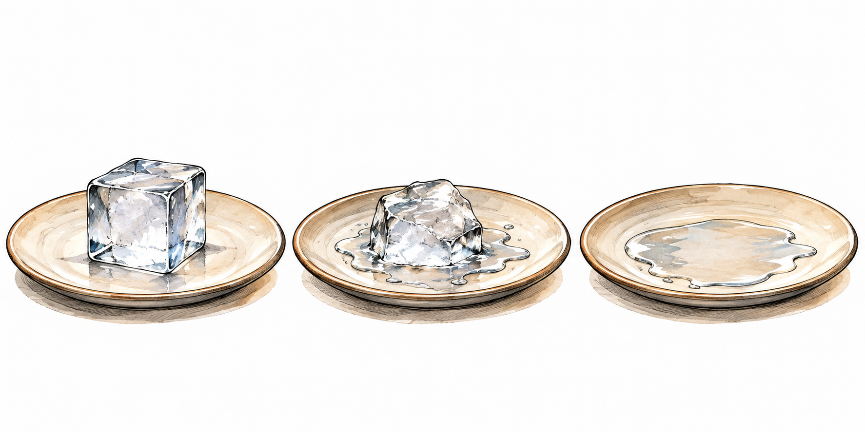 Three consecutive views of same ice cube changing from solid to slushy to a puddle on a warm plain plate, no labels.
