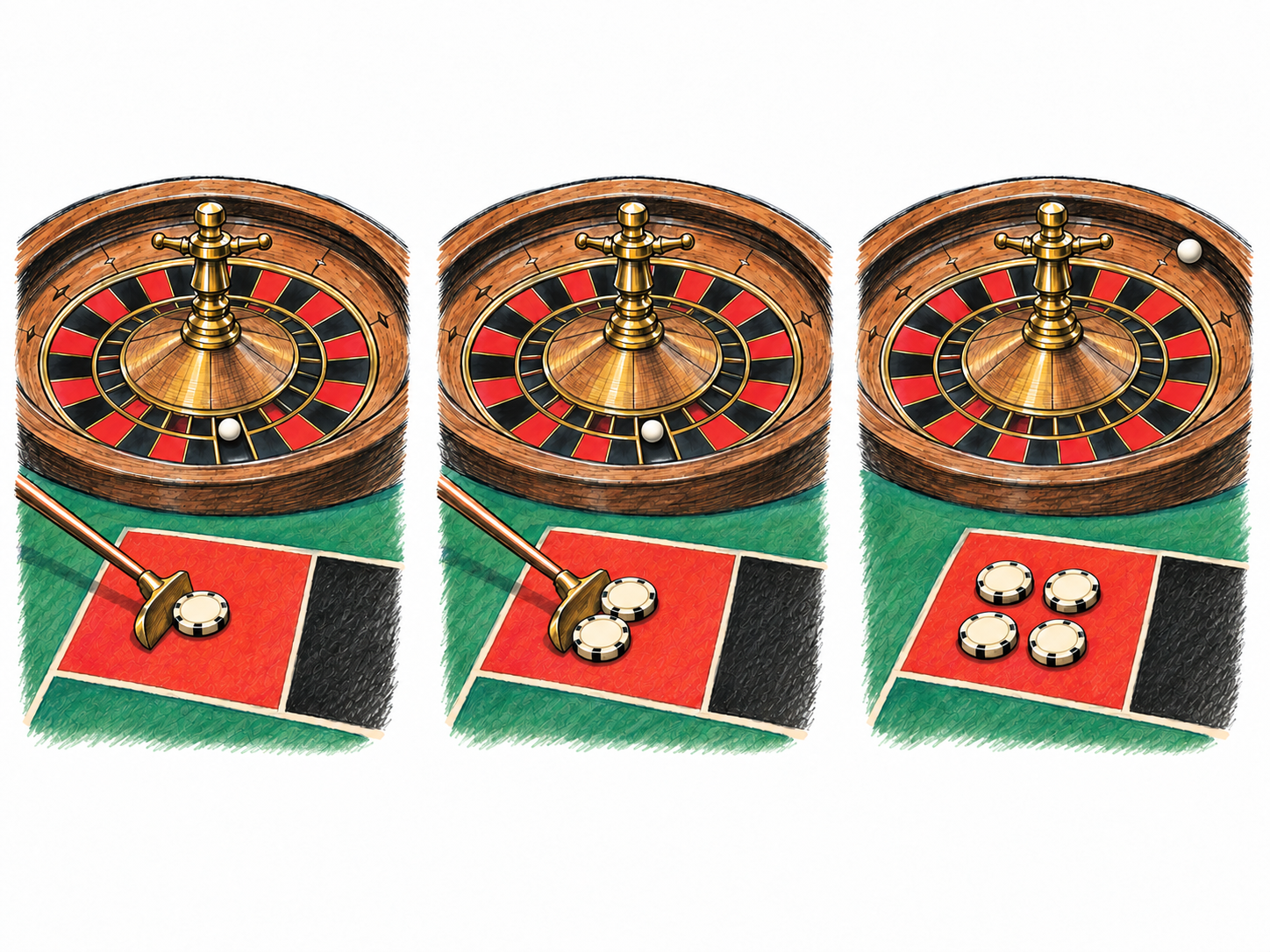 Three left-to-right roulette vignettes show the same red bet losing twice and its stake doubling each time: one chip, two chips, then four chips.