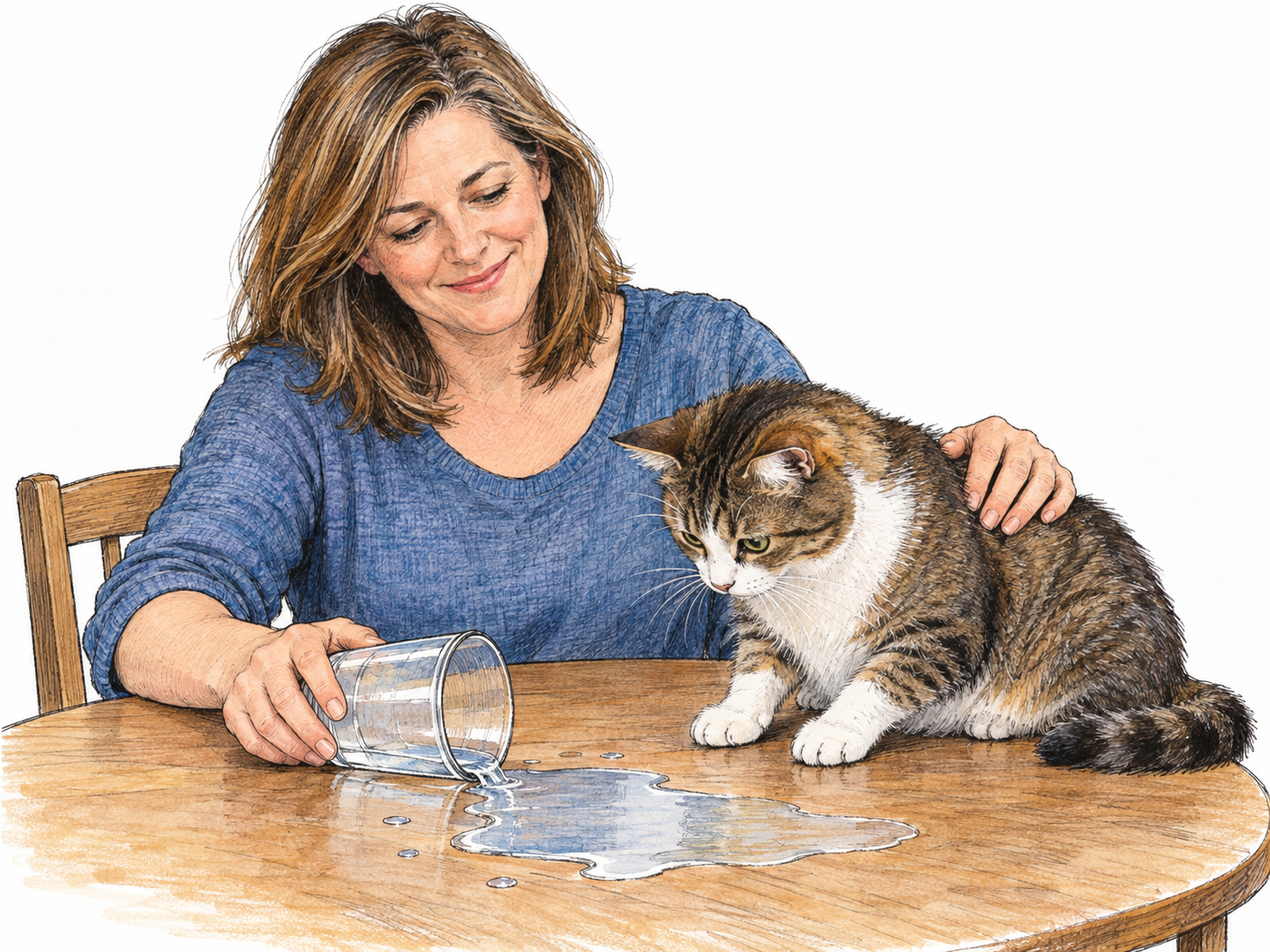 A relaxed woman calmly steadies a tipped cup while her cat stands beside the fresh spill; her soft smile and unhurried posture show that the mishap has not disturbed her.