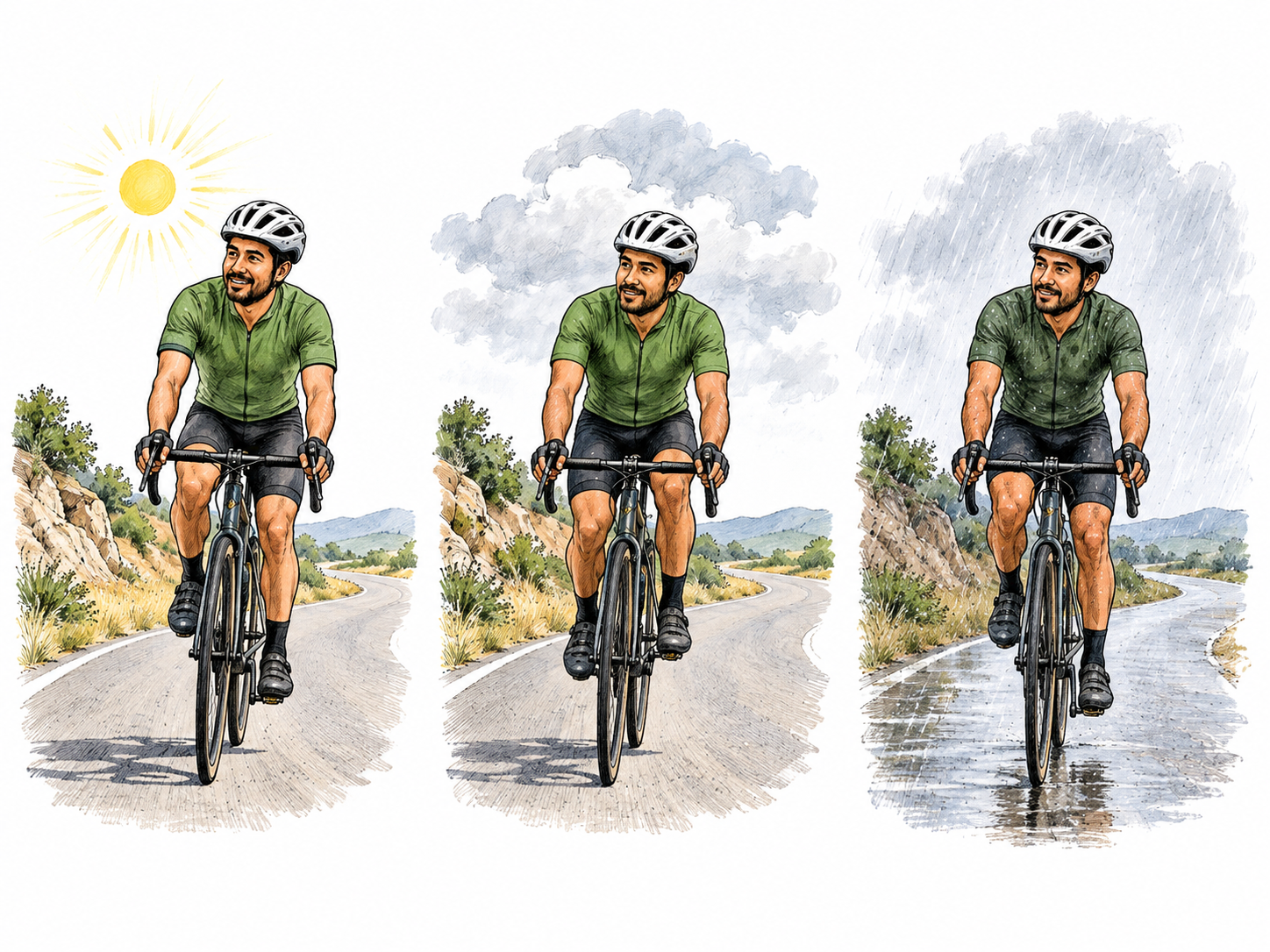 Three small scenes of the same adult cyclist riding the same route under sun, cloud and light rain, recurring occasions rather than continuous action, no labels.