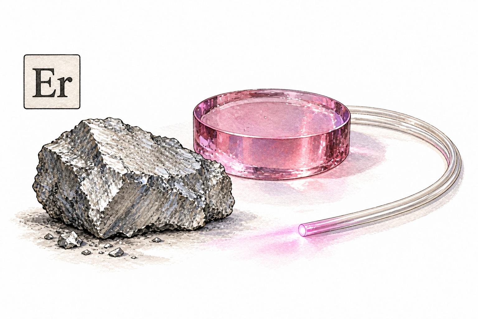 A silvery erbium metal sample beside pink erbium-doped glass and an optical fiber, small functional element label 'Er' only.