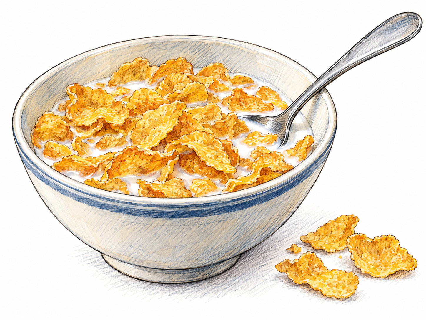 A breakfast bowl filled with crisp golden cornflakes and milk, with a spoon resting inside and a few dry flakes beside it to make the processed-grain food unmistakable.